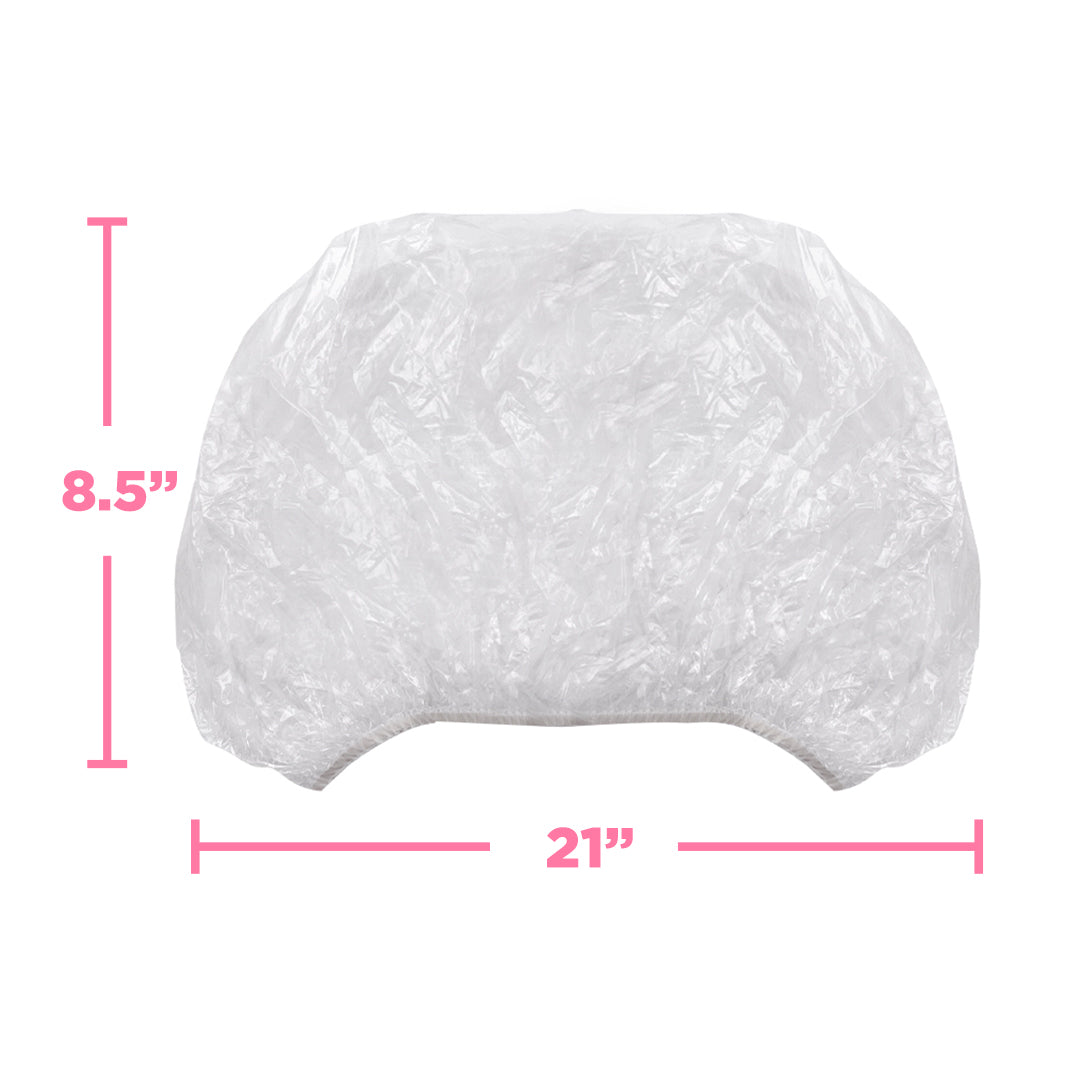 Clear shower cap measuring 8.5 inches high and 21 inches wide