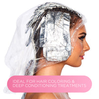 Side view of a woman wearing a clear processing cap over foil highlights, with the text “Ideal for hair coloring & deep conditioning treatments”