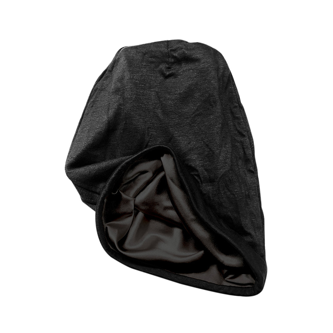 Black jersey beanie turned partly inside out to show its satin lining