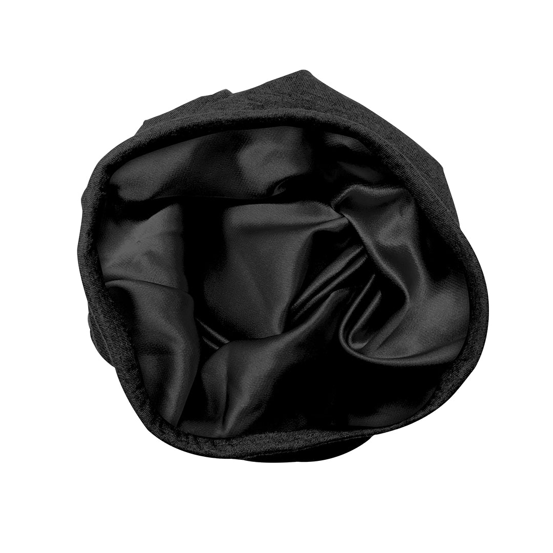 Black jersey beanie turned inside out, showing the satin lining
