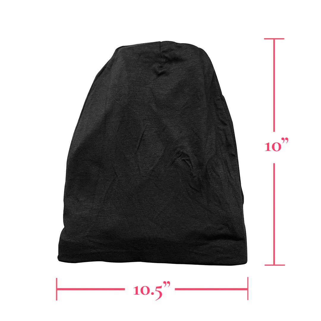 Black Satin-Lined Jersey Beanie measuring 10 inches high and 10.5 inches wide
