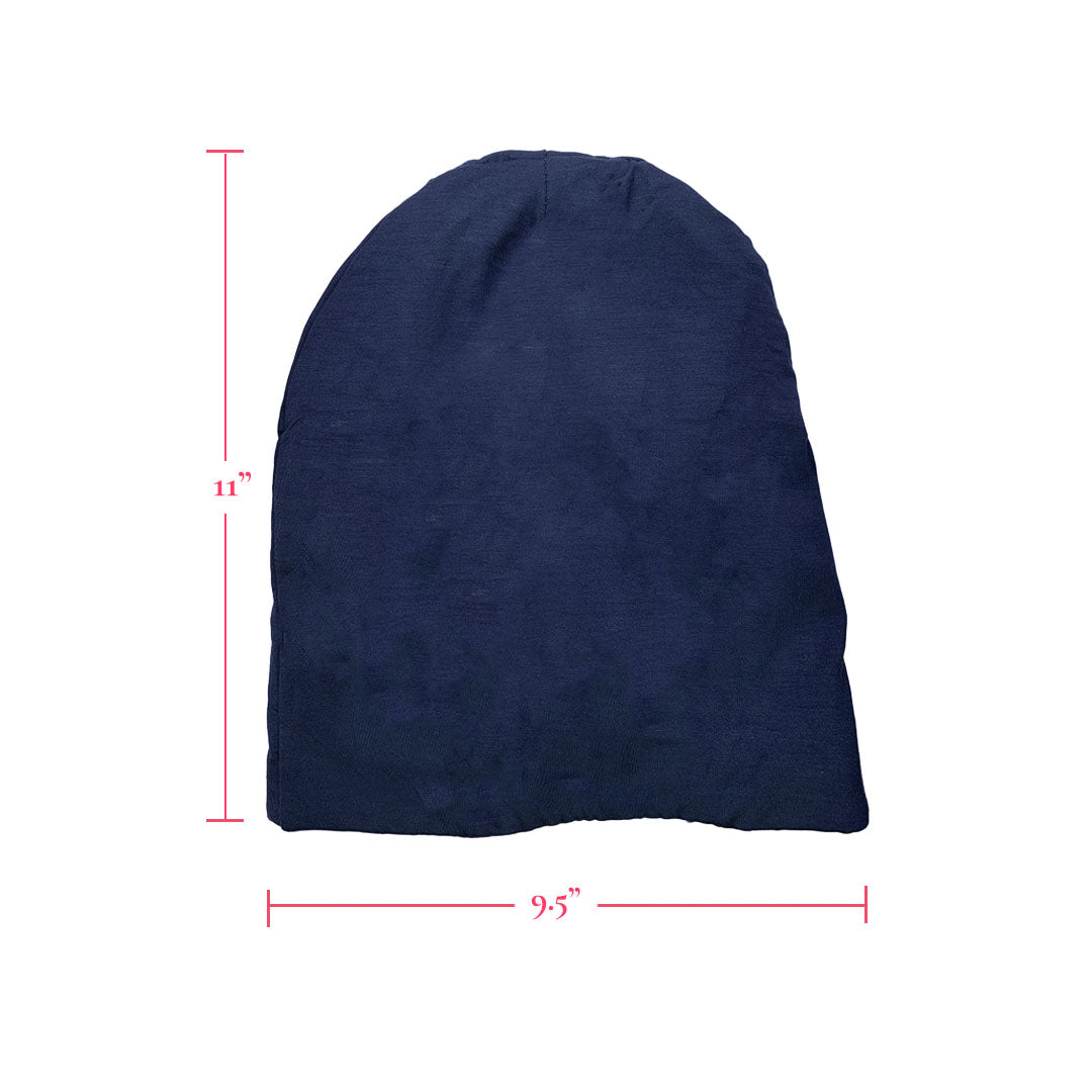 Navy Satin-Lined Jersey Beanie with measurements: [add from the full image]