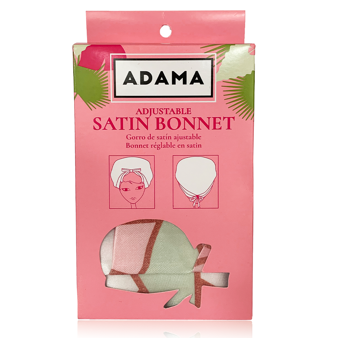 Adjustable Satin Bonnet in pink Adama retail packaging labeled “Adjustable Satin Bonnet”