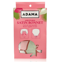 Adjustable Satin Bonnet in pink Adama retail packaging labeled “Adjustable Satin Bonnet”
