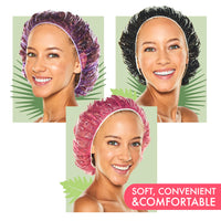 Three photos of a smiling woman wearing purple, black, and pink caps, with the text “Soft, convenient & comfortable”
