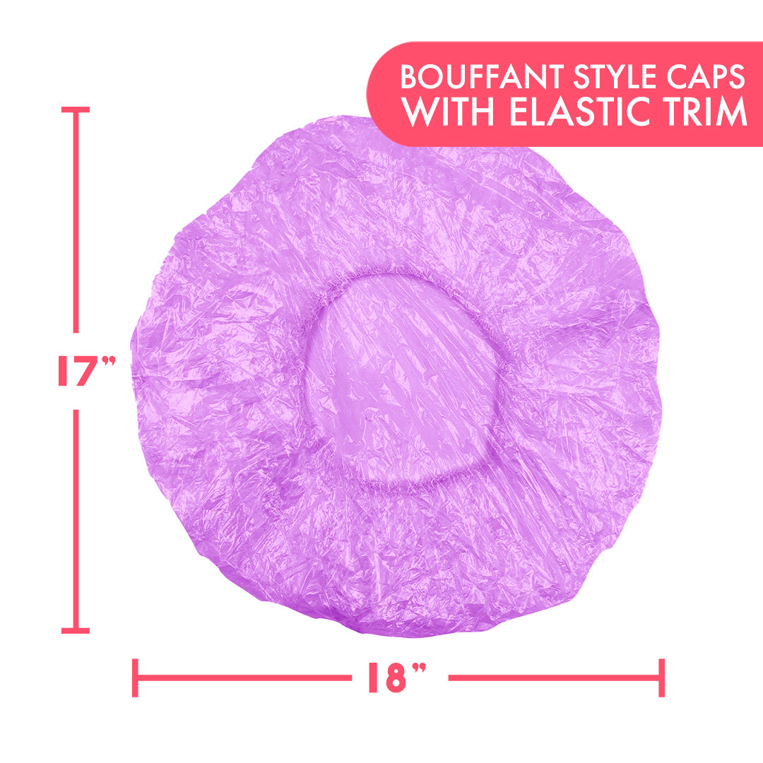Purple cap measuring 17 inches high and 18 inches wide, with the text “Bouffant style caps with elastic trim”