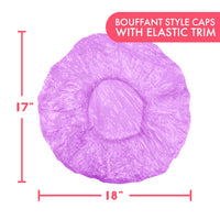 Purple cap measuring 17 inches high and 18 inches wide, with the text “Bouffant style caps with elastic trim”