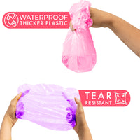 Hands holding water in a pink cap and stretching a purple cap, with the text “Waterproof, thicker plastic” and “Tear resistant”