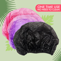 Pink, purple, and black caps stacked together, with the text “One time use, no need to clean”