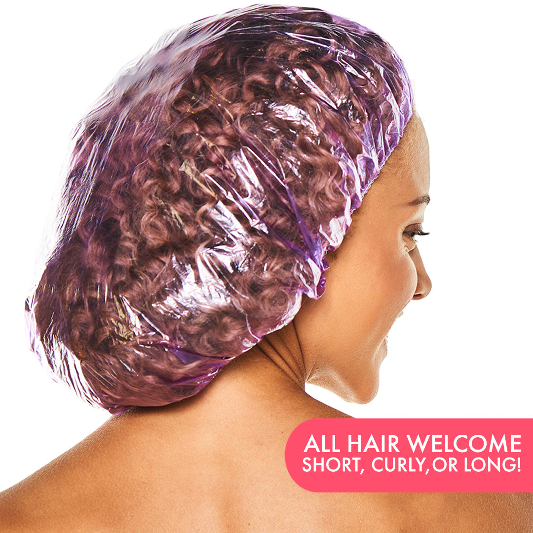 Back view of a woman with curly hair wearing a purple cap, with the text “All hair welcome: short, curly, or long!”