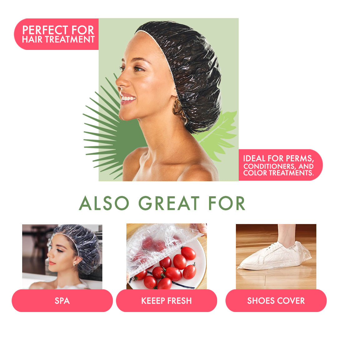 Woman wearing a black cap, with the text “Perfect for hair treatment” and “Ideal for perms, conditioners, and color treatments,” plus three photos labeled “Also great for”: spa, keep fresh, and shoe cover