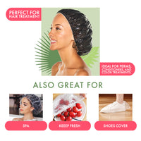 Woman wearing a black cap, with the text “Perfect for hair treatment” and “Ideal for perms, conditioners, and color treatments,” plus three photos labeled “Also great for”: spa, keep fresh, and shoe cover