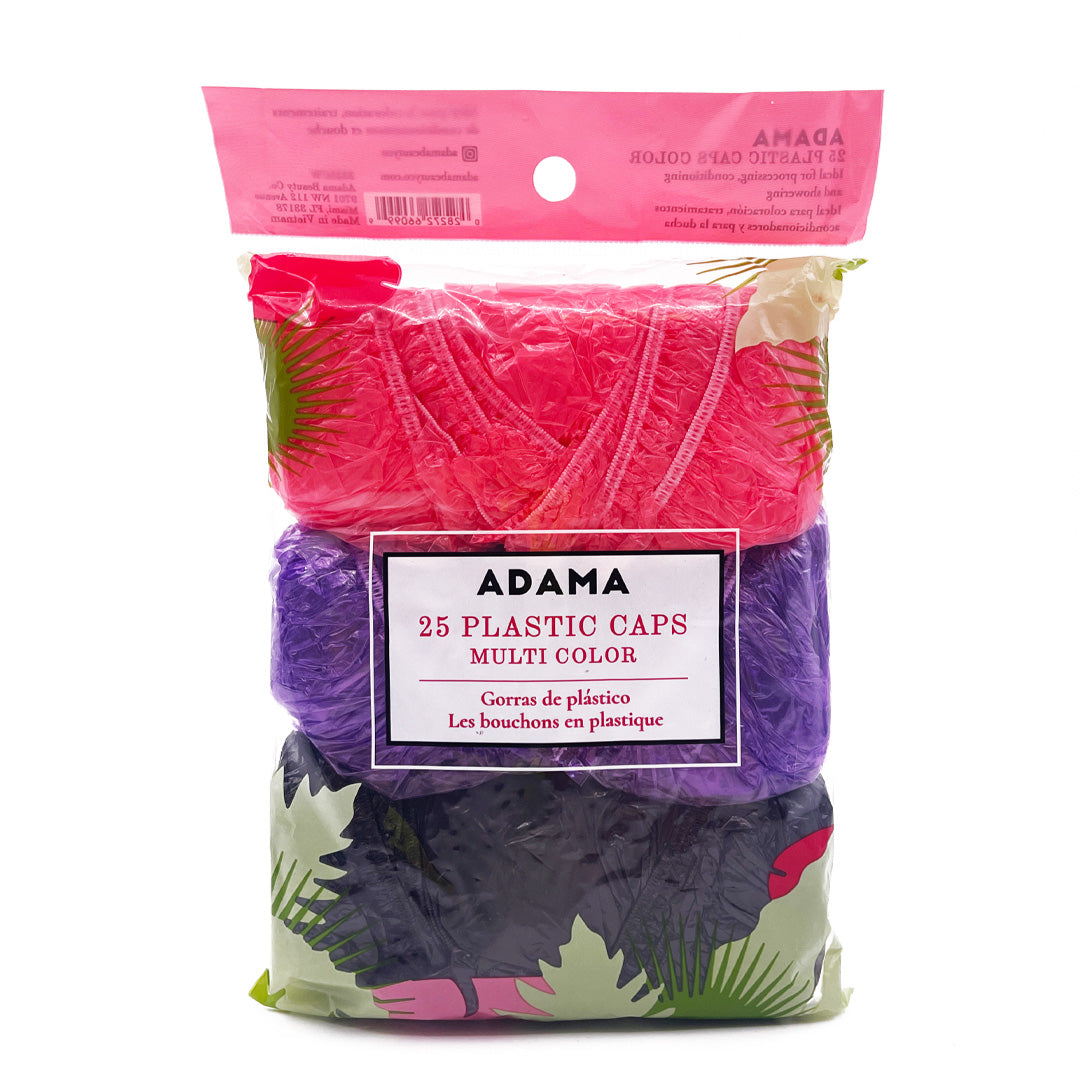 Pack of 25 pink, purple, and black caps in Adama retail packaging labeled “25 Plastic Caps Multi Color”