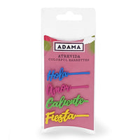 Atrevida Hola, Amor, Caliente, and Fiesta barrettes in pink and green Adama retail packaging