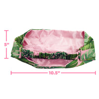 Wide Satin-Lined Headband laid flat, measuring 3 inches wide and 10.5 inches long, showing its pink satin lining