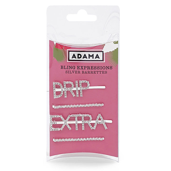 Bling Expression “Drip” and “Extra” rhinestone barrettes in pink Adama retail packaging