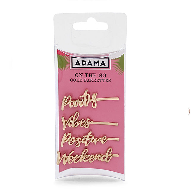 On The Go Party, Vibes, Positive, and Weekend barrettes in pink Adama retail packaging