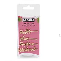 On The Go Party, Vibes, Positive, and Weekend barrettes in pink Adama retail packaging