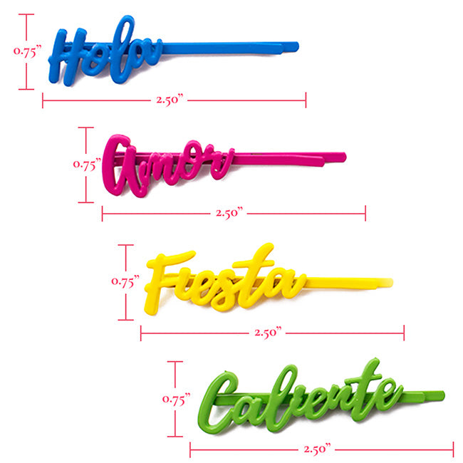 Atrevida barrettes “Hola,” “Amor,” “Fiesta,” and “Caliente” with measurements. each about 2.5 inches long