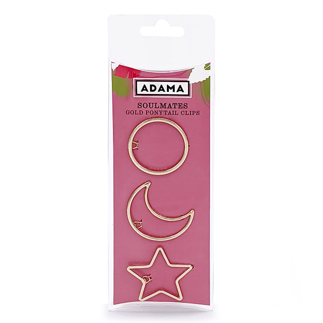 Soulmates moon, star, and circle clips in pink Adama retail packaging
