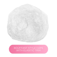 Clear processing cap shown flat, with the text “Bouffant style caps with elastic trim”