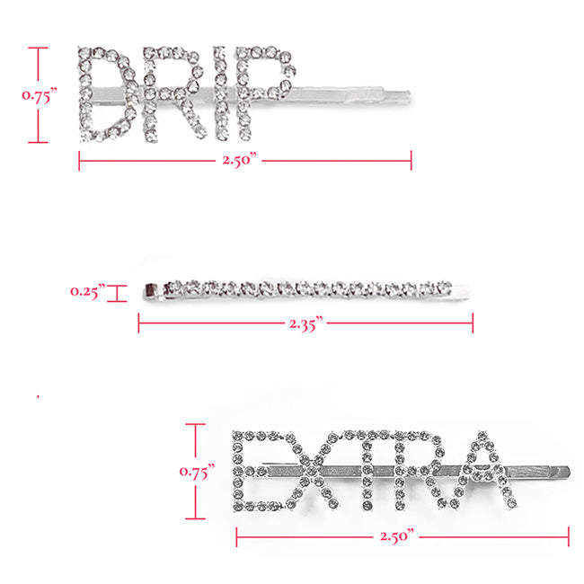 Bling Expression barrettes “Drip,” “Extra,” and a straight rhinestone barrette with measurements. 2.5 inches long