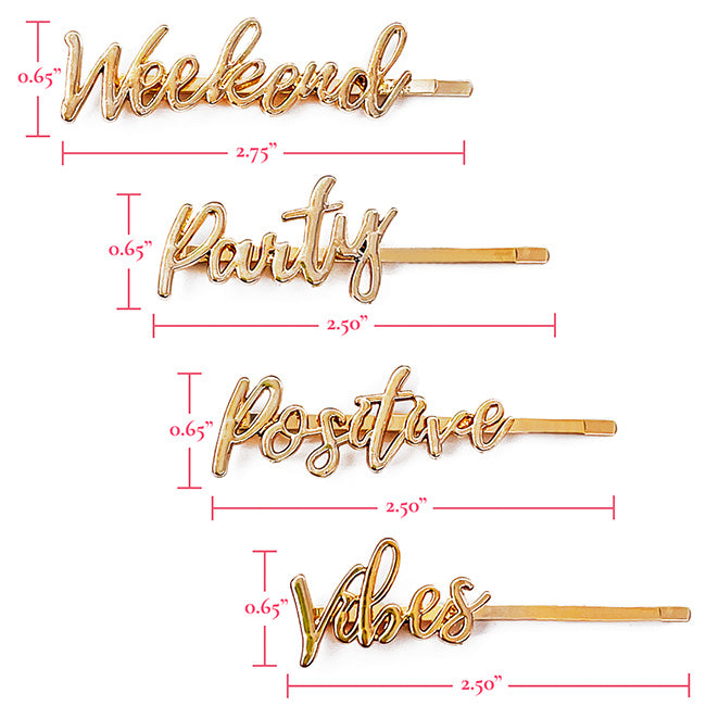 On The Go barrettes “Weekend,” “Party,” “Positive,” and “Vibes” with measurements. 2.5 inches long.