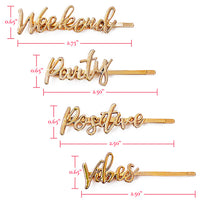 On The Go barrettes “Weekend,” “Party,” “Positive,” and “Vibes” with measurements. 2.5 inches long.