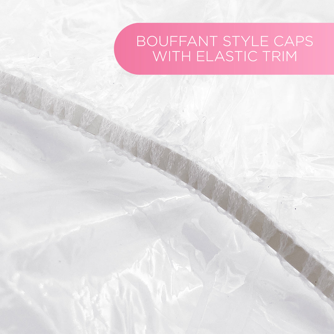 Close-up of the shower cap’s elastic trim, with the text “Bouffant style caps with elastic trim”
