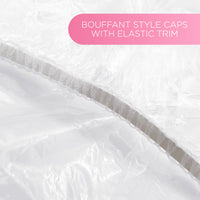 Close-up of the shower cap’s elastic trim, with the text “Bouffant style caps with elastic trim”