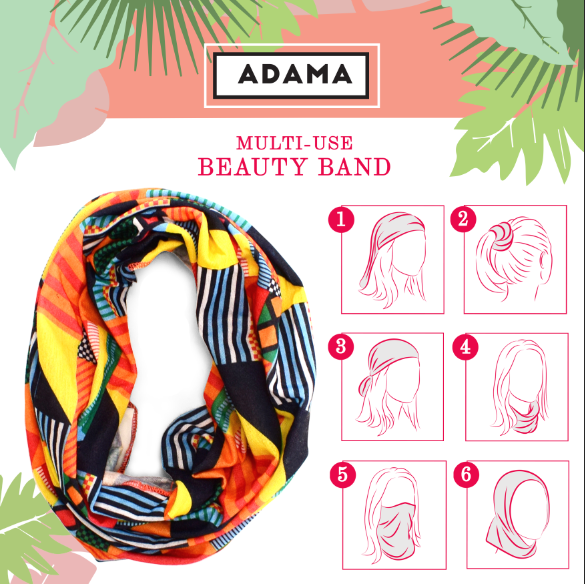 Six numbered illustrations showing ways to wear the Multi-Use Beauty Band